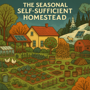 Year-round homesteading self-sufficiency showcasing seasonal gardens, livestock, and renewable energy systems.