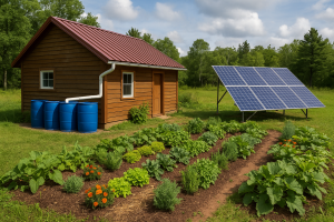 A sustainable off-grid homestead featuring solar panels, a permaculture garden, and a rainwater harvesting system, exemplifying self-sufficient living.